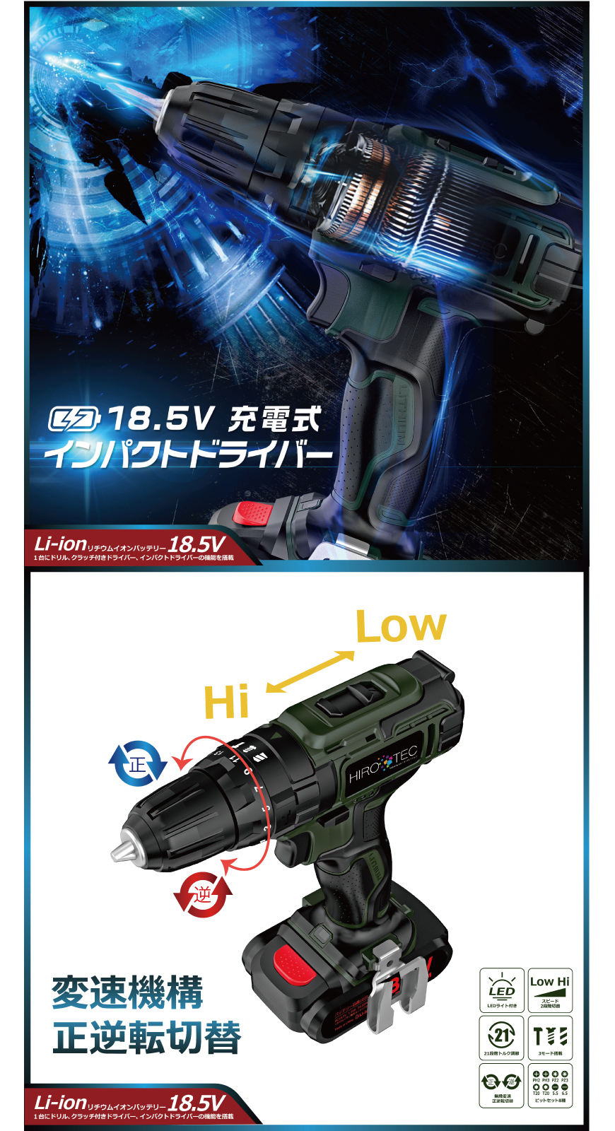 18.5V 充電式インパクトドライバー HDL-IDR001｜ヒロ・コーポレーション