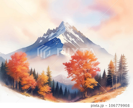 水彩で描いた秋の山の風景のイラスト Generative AIのイラスト素材