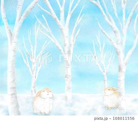 ある冬の晴れた日、森の中で遊ぶ2匹の子兎の楽しい光景。水彩画を使用