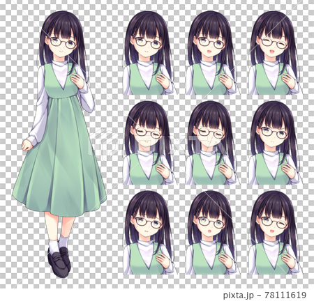アニメ風の女性キャラクター 全身イラスト＋表情差分セットのイラスト