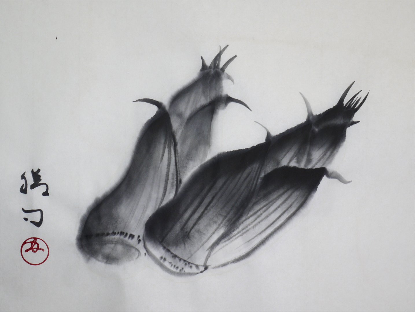 彩墨画（水墨画）「筍」 福田勝司筆 | 水墨画・達風 色彩のある墨絵｜教室