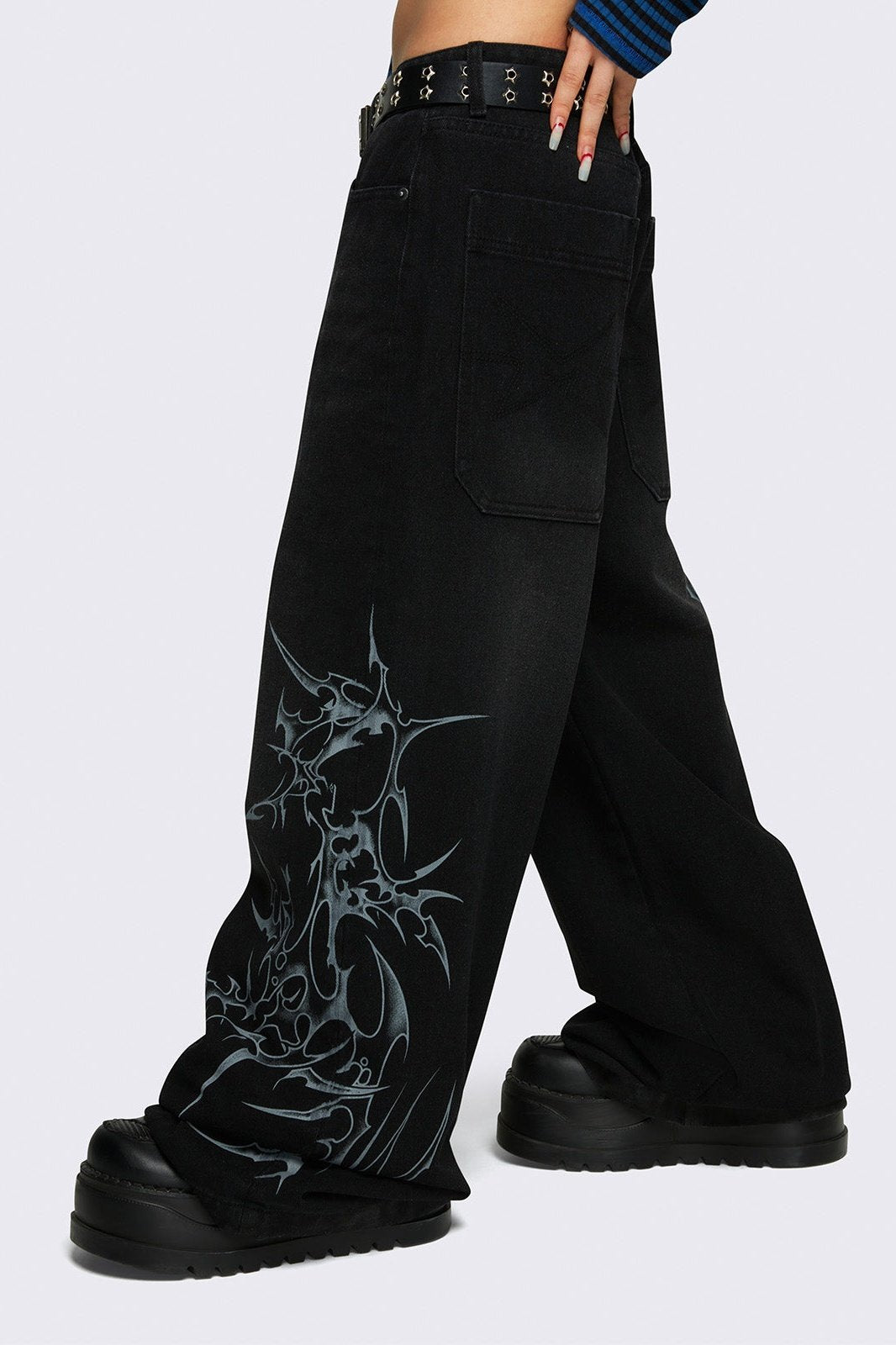 Black Baggy Jeans with Tribal Sigilism Print | Minga London