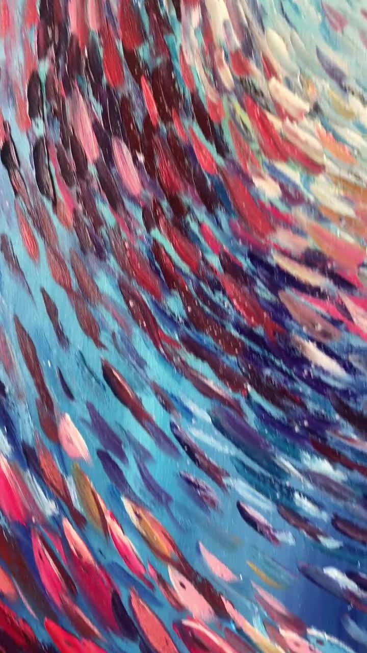 大きな魚の群れを描いた油絵、手描きのインパスト海洋アート - Etsy 日本