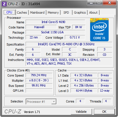 Intel Core i5 4690 @ 799.24 MHz - CPU-Z VALIDATOR