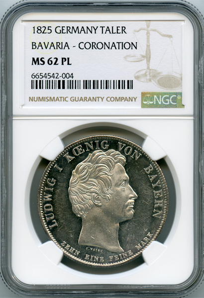ドイツ バイエルン ルートヴィヒ1世戴冠記念 1825年 ターラー 銀貨 NGC
