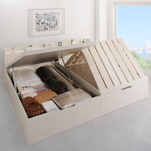 布団が干せて快適 国産頑丈すのこ跳ね上げ式大容量収納ベッド (セミ