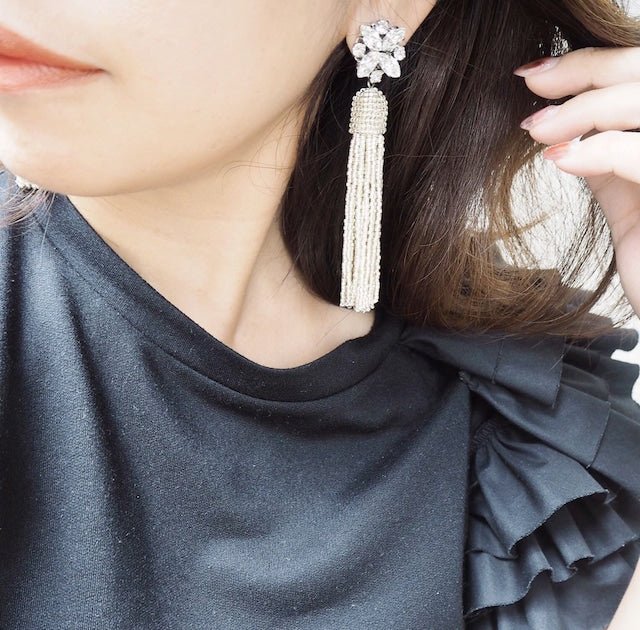 ビジュークローバーシルバービーズタッセルピアス＆イヤリング