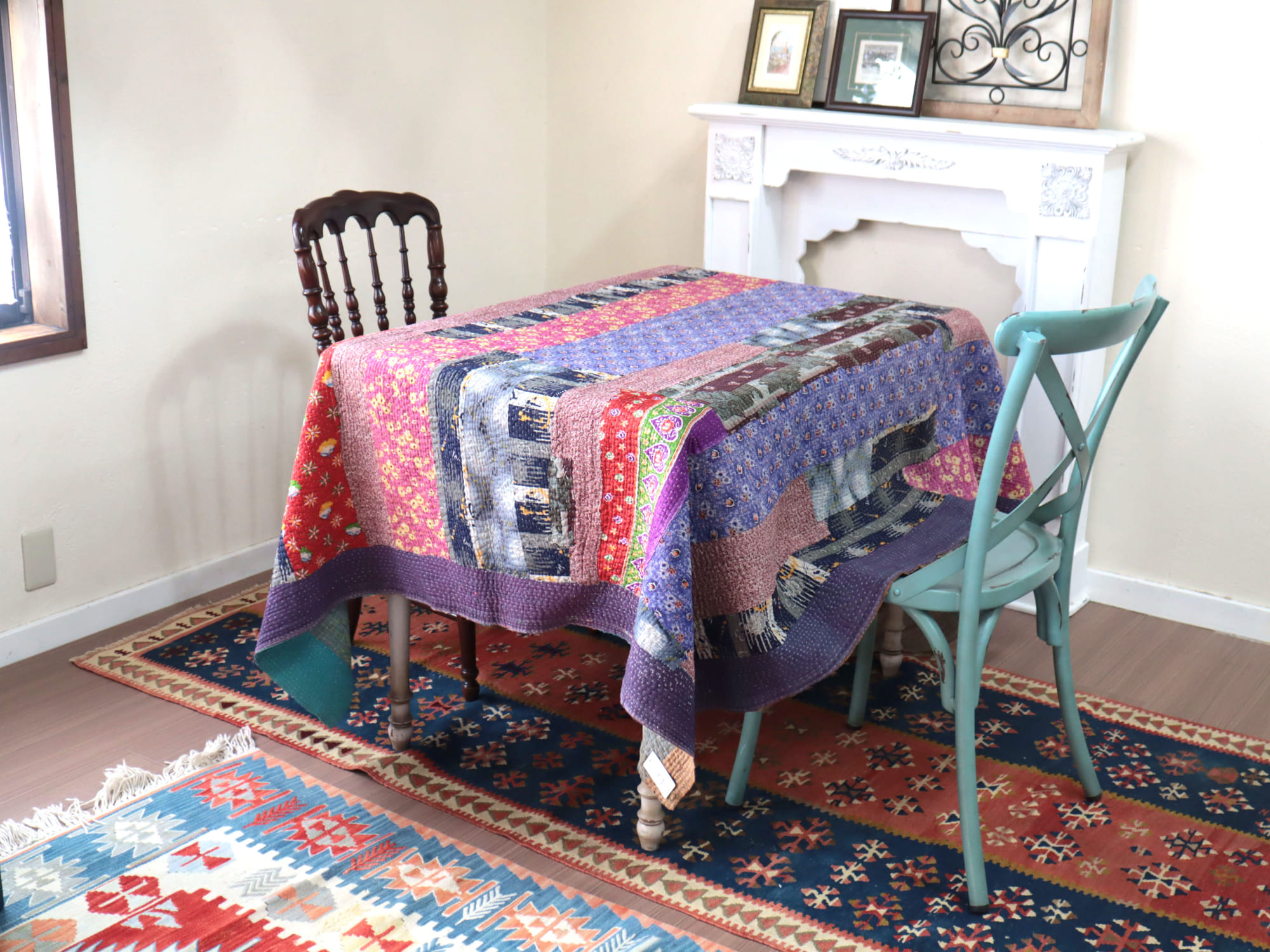 カンタ刺繍 ラリーキルト インドの古布210×152cm パープル系のパッチ