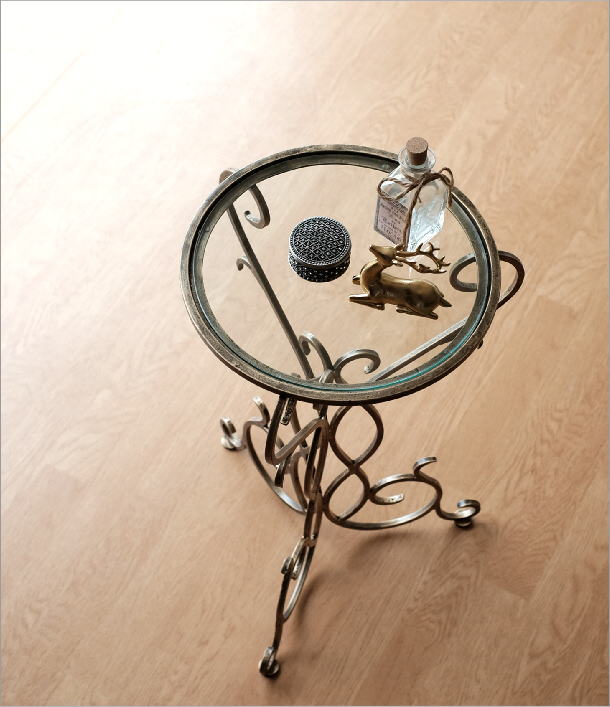 サイドテーブル ガラステーブル 丸 おしゃれ アイアン アンティーク