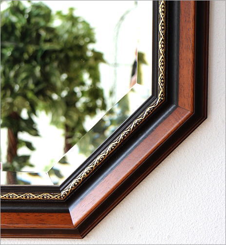 八角鏡 壁掛けミラー ウォールミラー アンティーク クラシック 木製