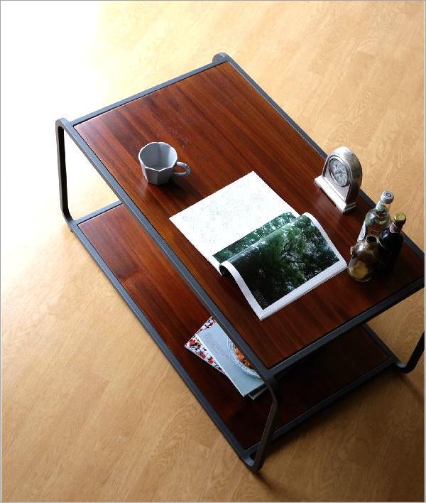 ローテーブル チーク材 木製 天然木 無垢材 棚付き 角丸 幅100 奥行55