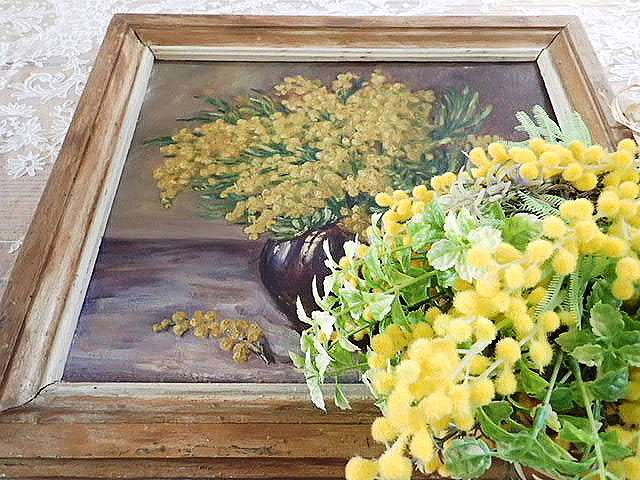 フランス油絵 『ミモザのある風景』 - 薔薇と天使のアンティーク