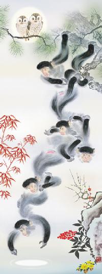 福朗満月五猿之図（ふくろうまんげつござるのず）江本修山 尺五 【大