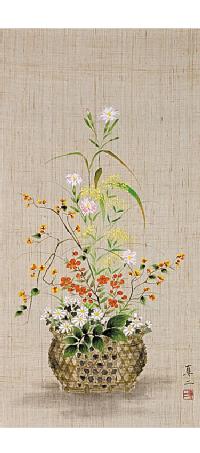 花籠 藤沢真二 尺五アンドン 肉筆！ 花鳥画 - 掛け軸（掛軸）販売通販