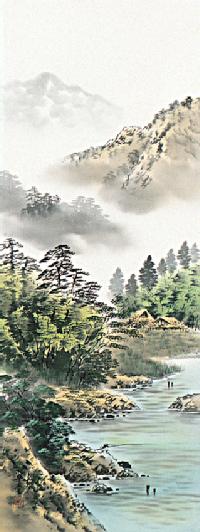 彩色山水 田中翠堂「尺五立」肉筆！ 山水画 - 掛け軸（掛軸）販売通販