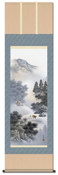 水墨山水 閑雅悠景 長江桂舟 （三美会）尺五 日本製 山水画 - 掛け軸