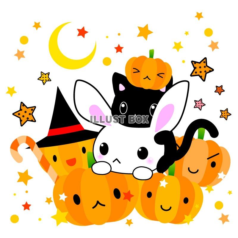 ハロウィン・可愛いうさぎと黒猫のイラストカット：イラスト無料