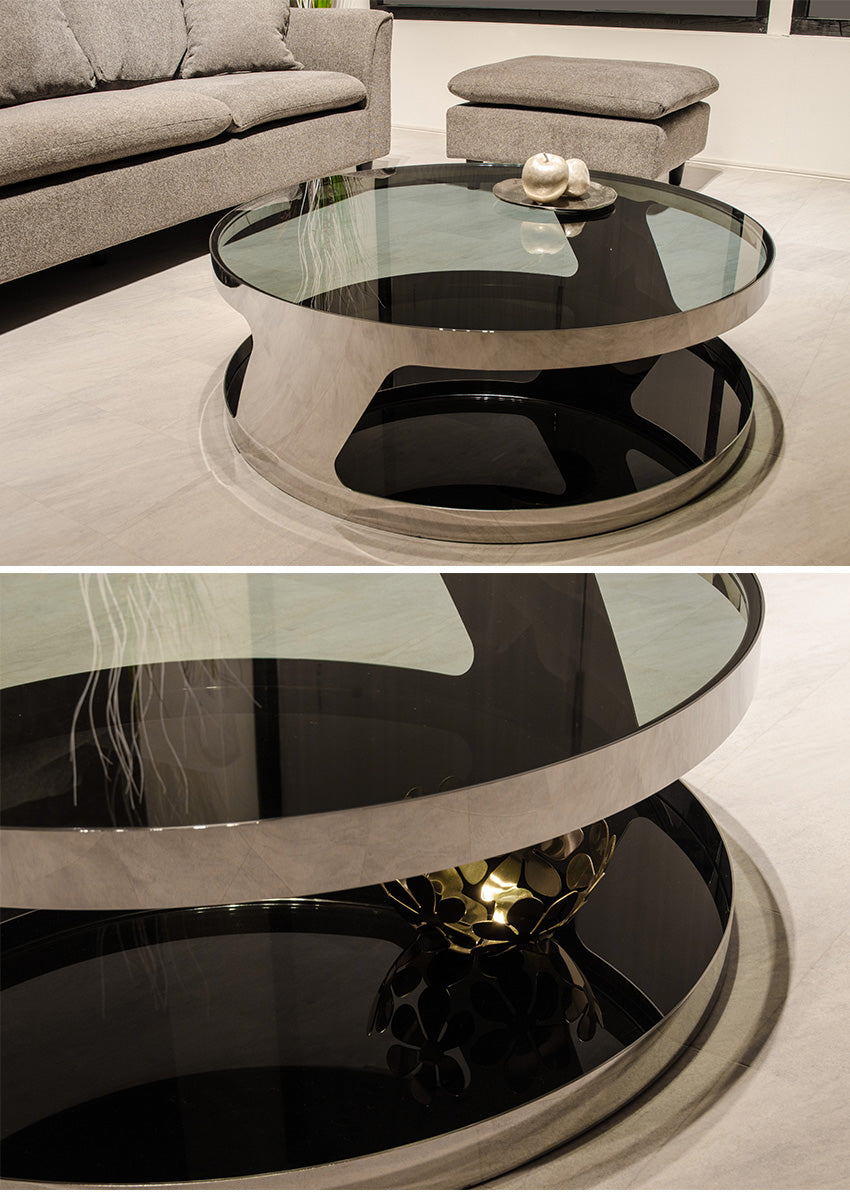 lushroom センターテーブル ガラス 丸 テーブル 黒 シルバー 幅90