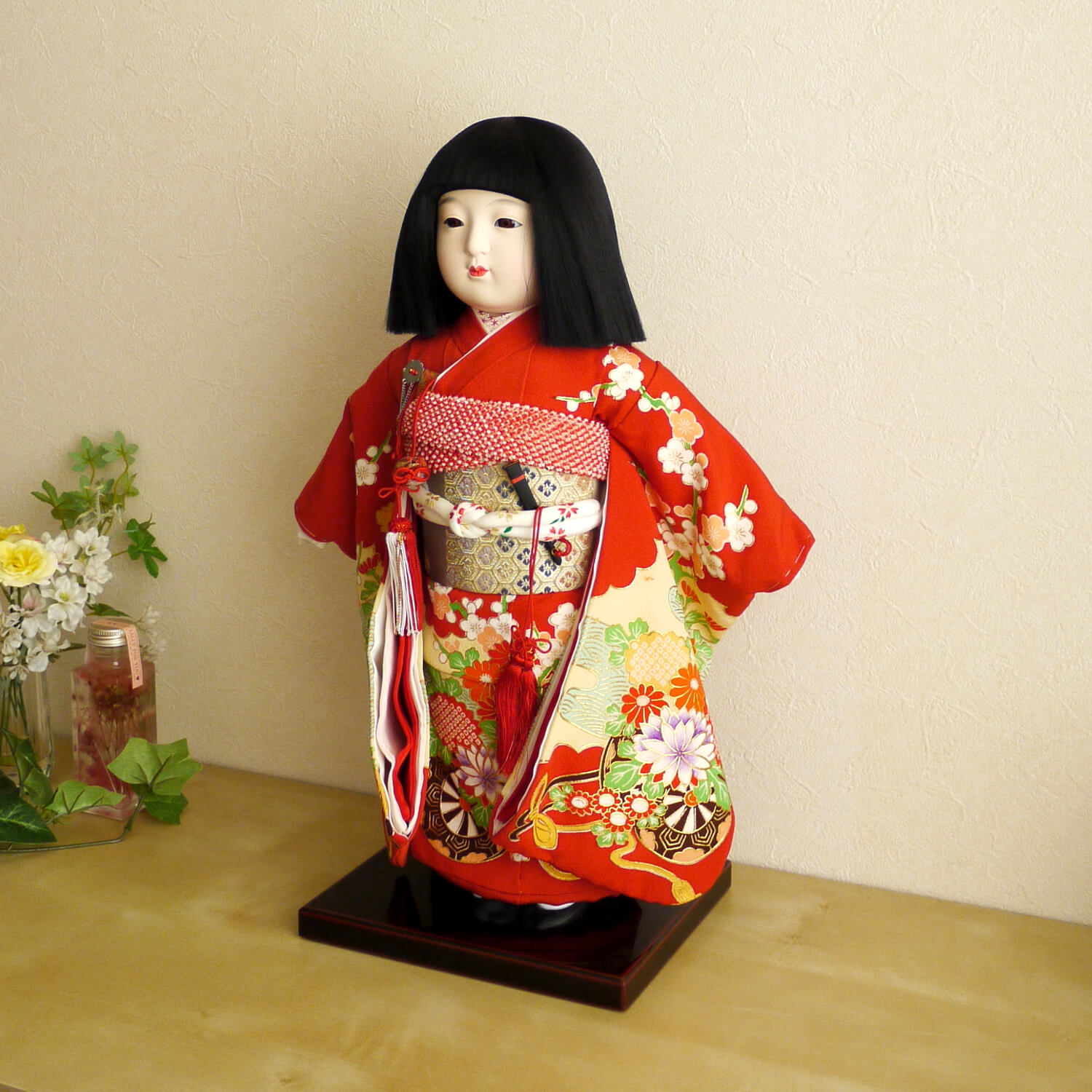 元賀章介作 12号(尺二)正絹別染 雲取りに花車 赤色 手塗本漆塗台 市松