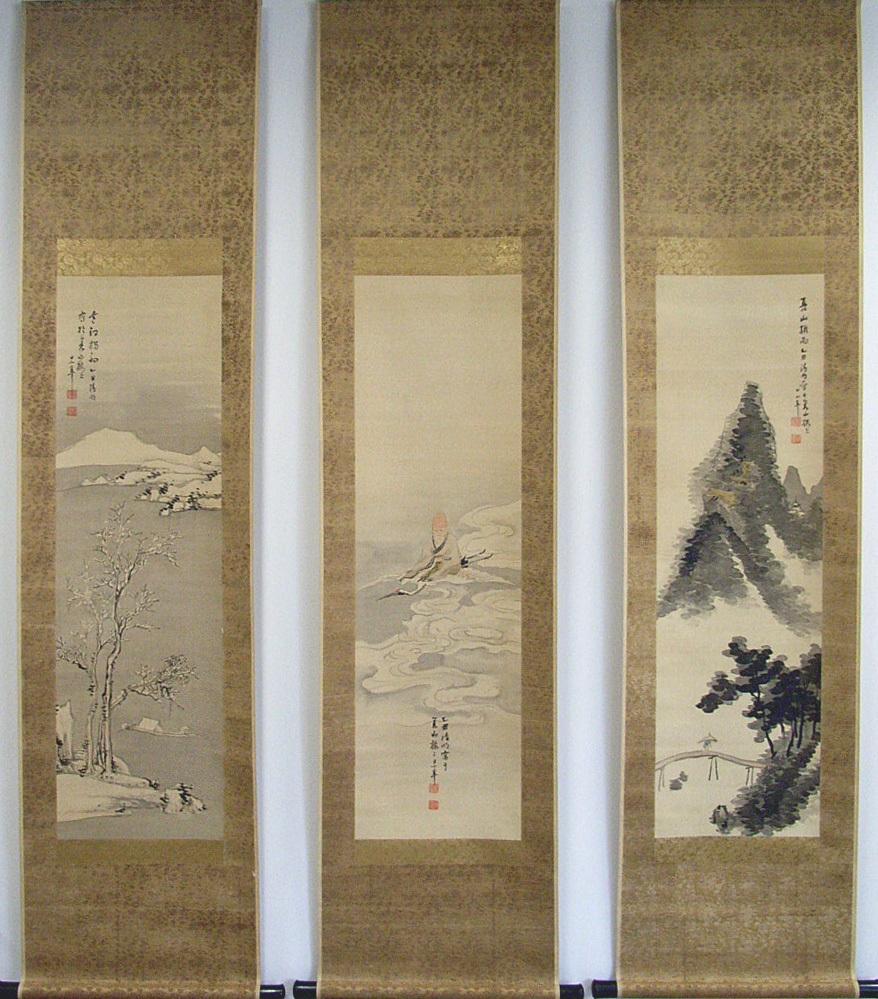 真作】浅見香城/山湖漁舟図/山水図/水郷図/掛軸/名家伝来/