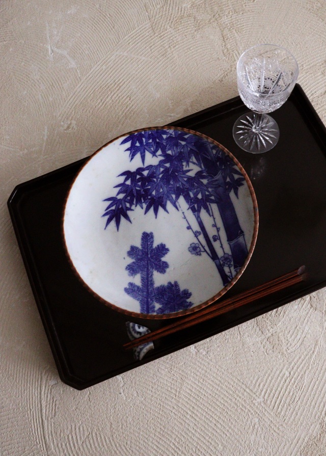 印判染付皿 松竹梅 24.5cm イゲ皿 ワンプレート 飾り皿 1枚