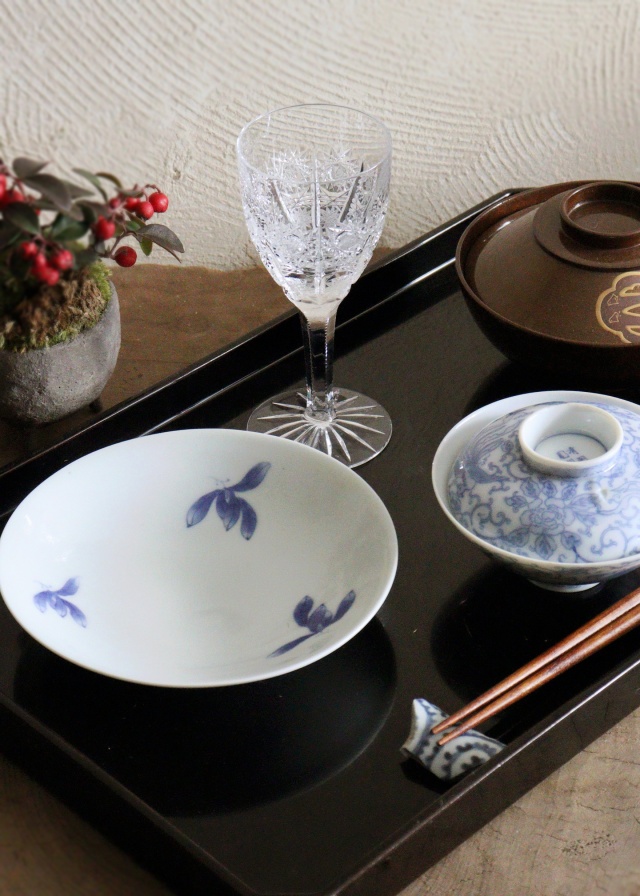 染付手書き花図16cm皿 5枚組 取り皿 盛皿 中皿 プレートAntique