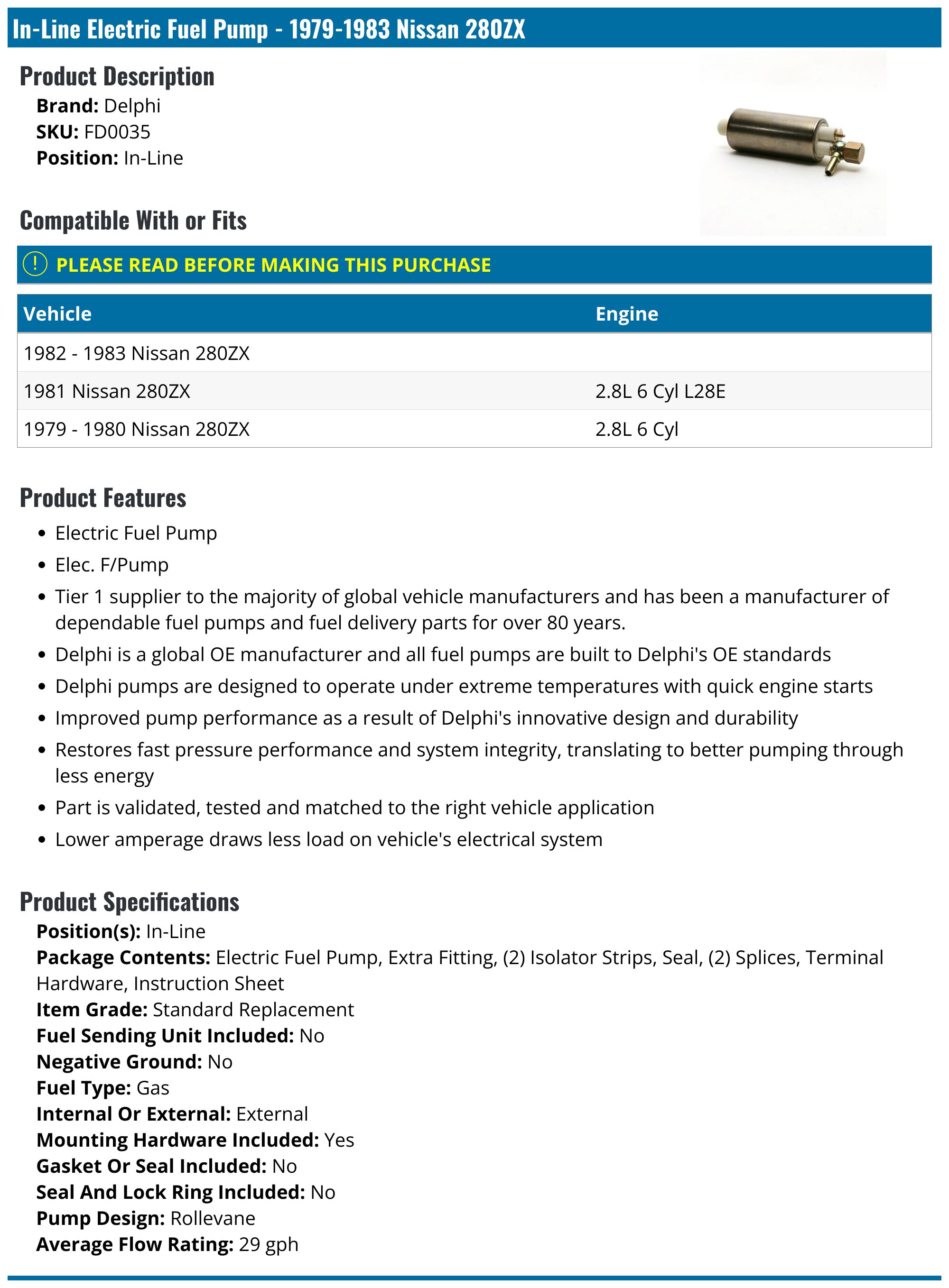 1979-1983 Nissan 280ZX Fuel Pump - Delphi FD0035 - In-Line
