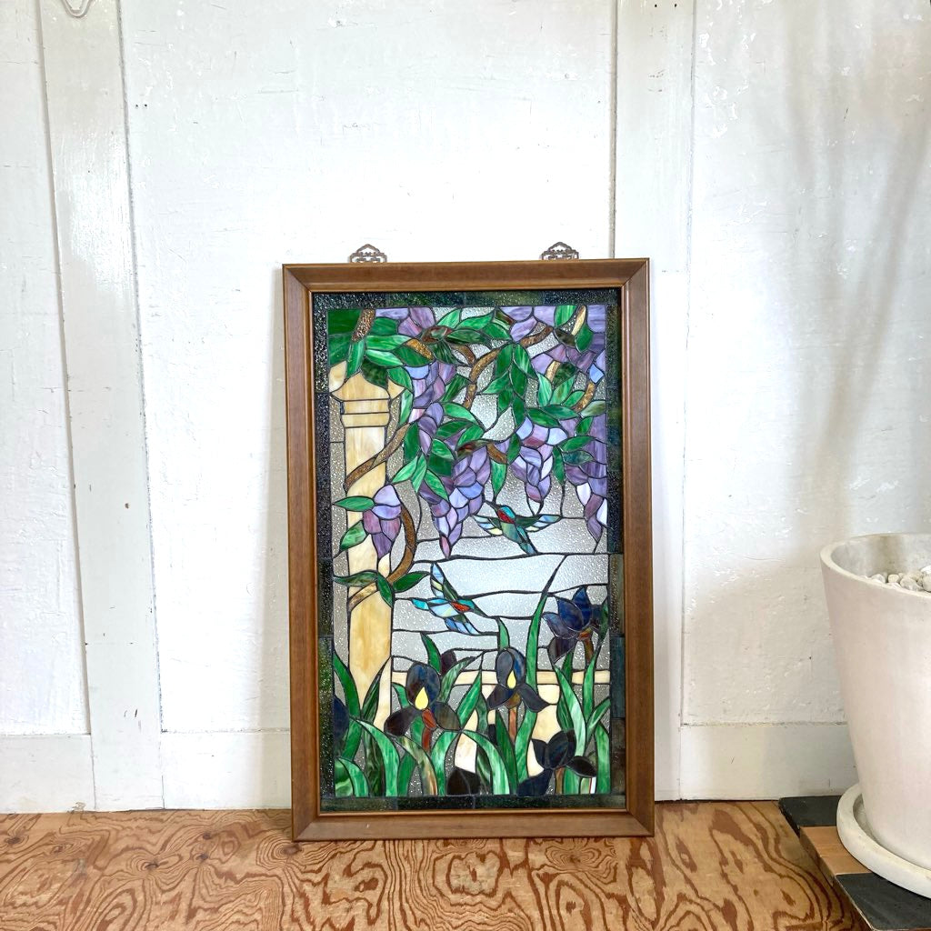 ステンドグラス 木枠 グリーン系 ディスプレイ 壁掛け 中古 草木 自然