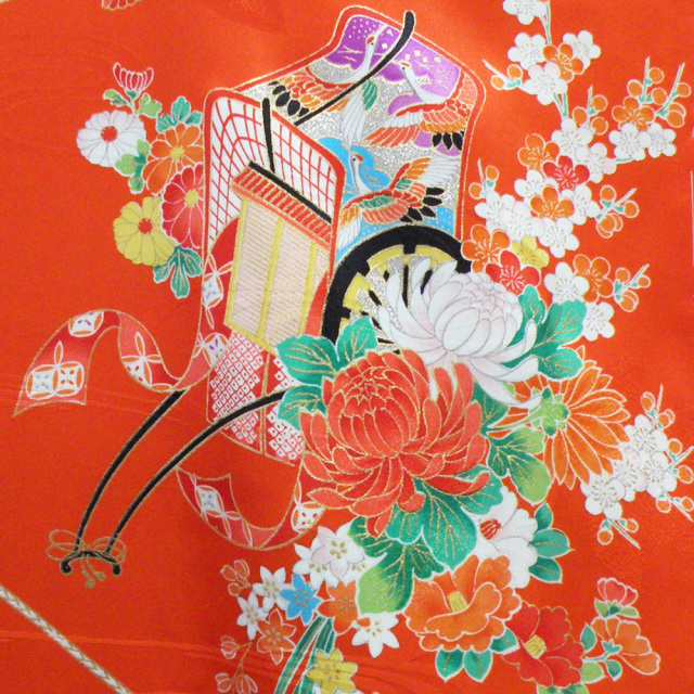 七五三 □正絹 四つ身着物 御所車 朱赤□ 7歳のお祝い晴れ着 【送料