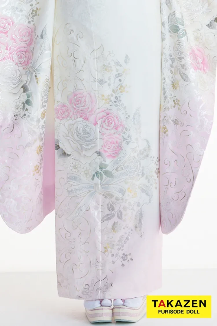 ヘップバーンローズ 白/ピンク バラ柄/リボン柄 かわいい振袖 透明感