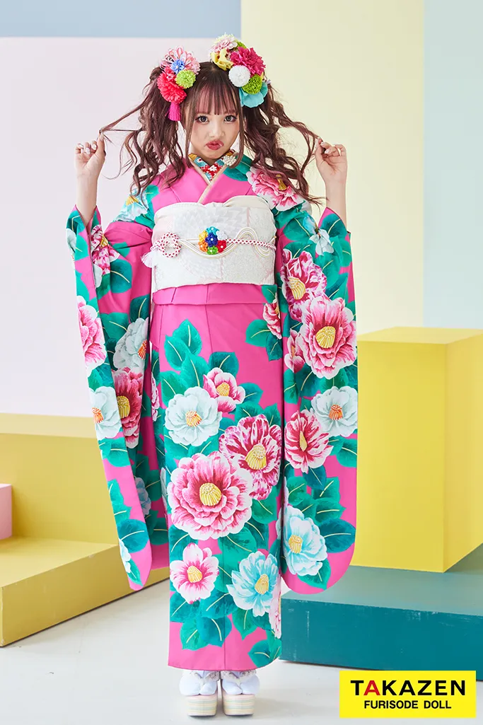 レトロ 紺/ピンク/オレンジ 鶴柄/大柄 個性的 ポップ おしゃれ振袖