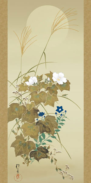 有名作家の掛け軸 酒井抱一作 秋草に螽斯図