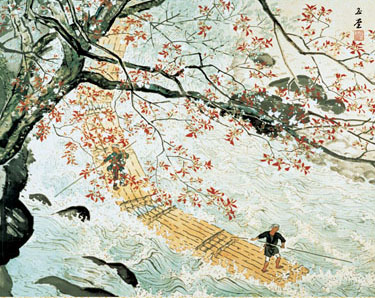 有名作家の掛け軸 川合玉堂作 花筏