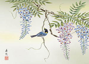 花鳥の掛け軸 西尾香悦作 藤に小鳥【和風モダン掛】ミニサイズ ミニ掛軸