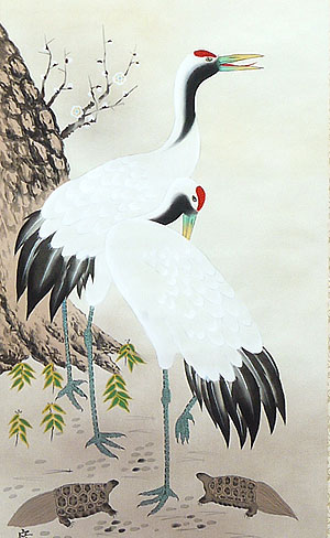 鶴亀の掛け軸 寛翠作 鶴亀の図 p1101