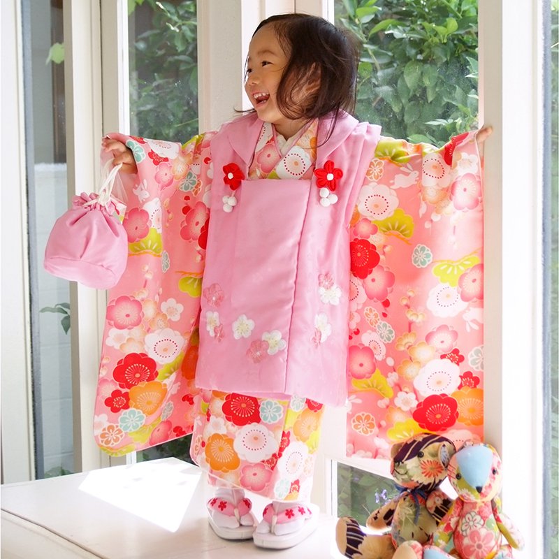 七五三被布 : K020 【三歳女児被布】ピンク×ピンク 梅とうさぎ(宅