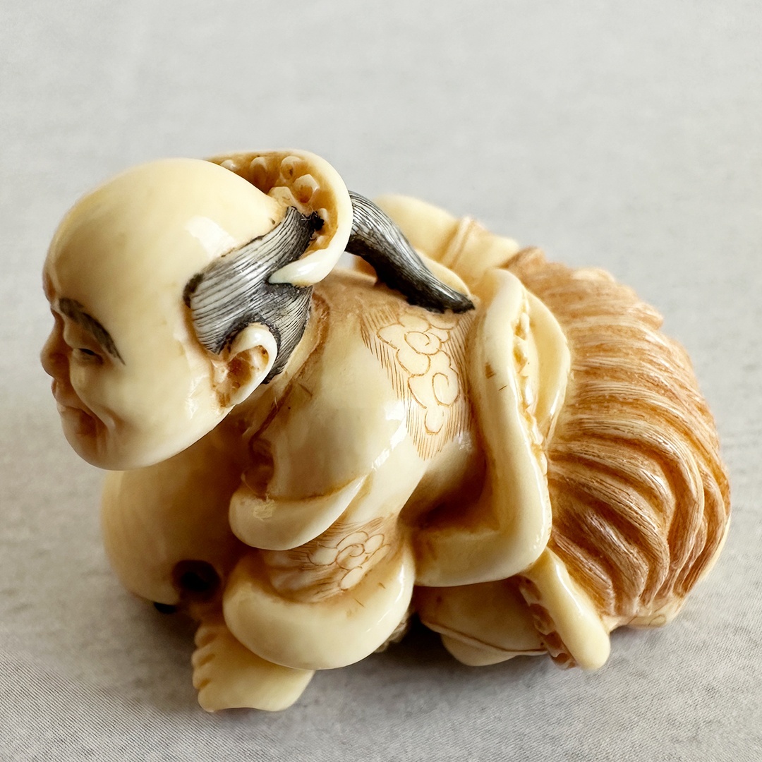 古美術 雨蛙象牙 根付 蛸と漁師