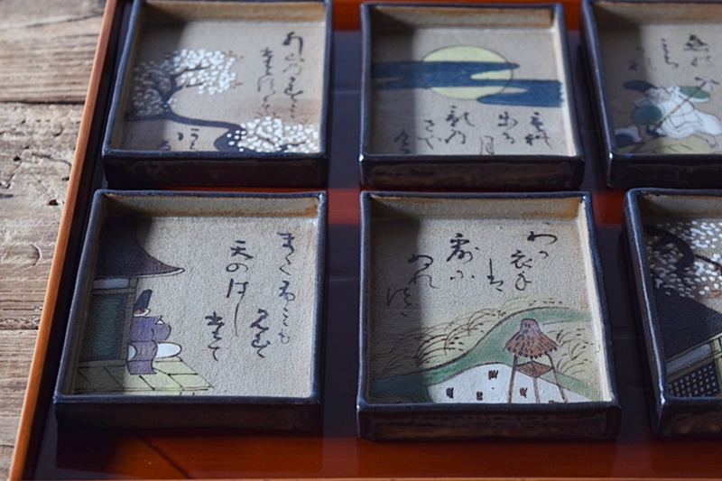 秋艸庵 乾山写 光琳かるた皿 6客セット - 生活骨董と古布の