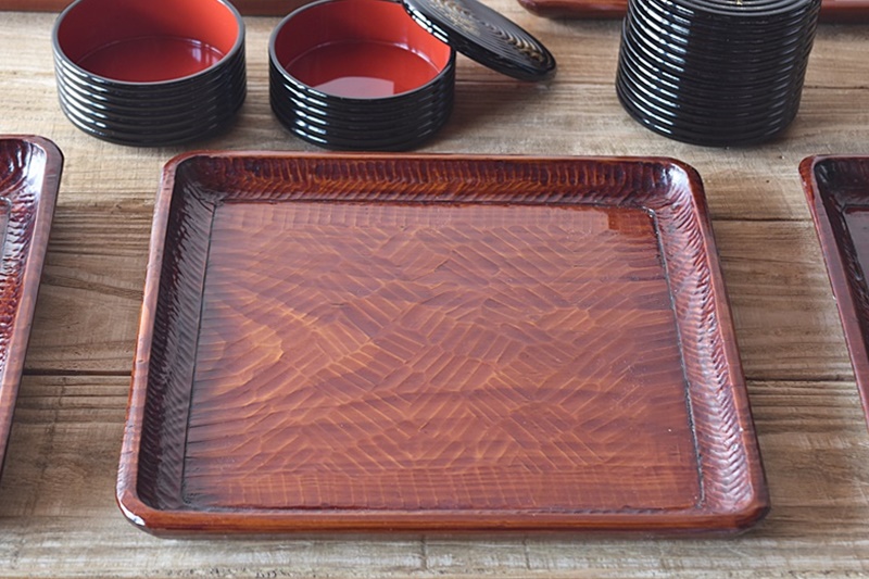 天然木製漆塗 讃岐彫 刳り貫き盆 会席膳 5客セット - 生活骨董と古布