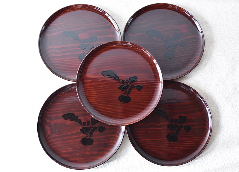 天然木製漆塗 桑名盆 かぶら盆 久村源助製 5客セット - 生活骨董と古布