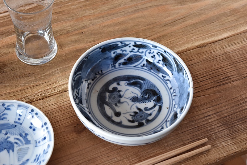 古伊万里 染付 龍と牡丹花 渦福文 膾皿 - 生活骨董と古布の