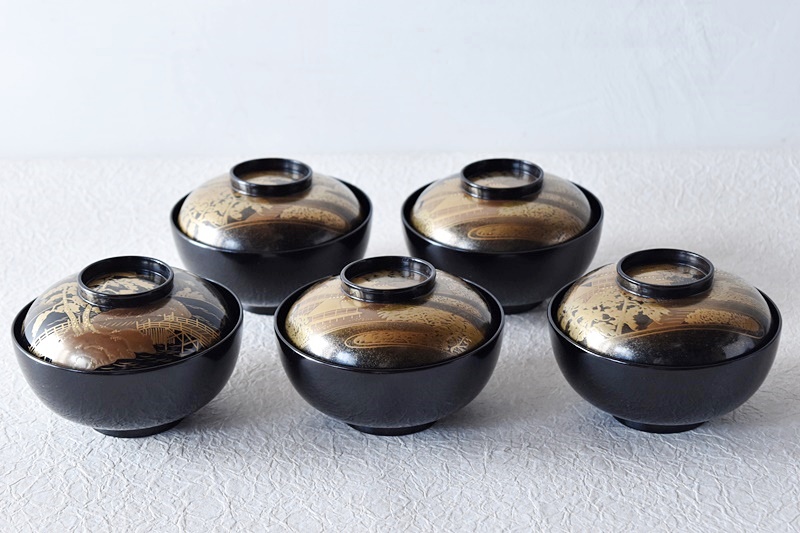 天然木製漆塗 輪島塗 黒塗り金蒔絵 図変わり見返し図 吸物椀 煮物椀 5