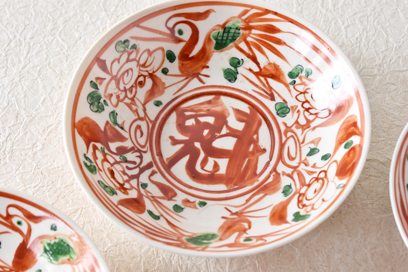 九谷 呉須赤絵花鳥魁字 角福文 5.5寸皿 5枚セット - 生活骨董と古布の