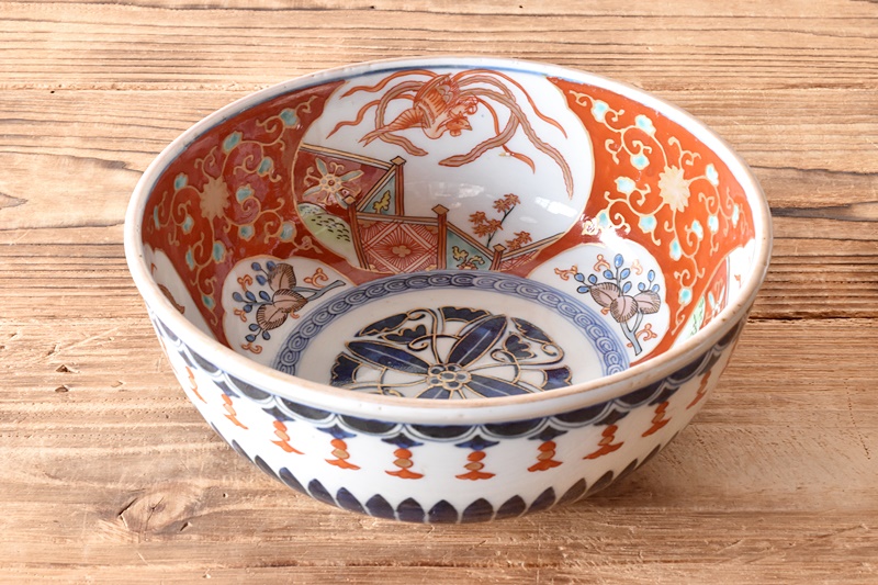 江戸時代後期古伊万里染付窓絵に松竹梅唐草文様裏たこ唐草文様特大大皿