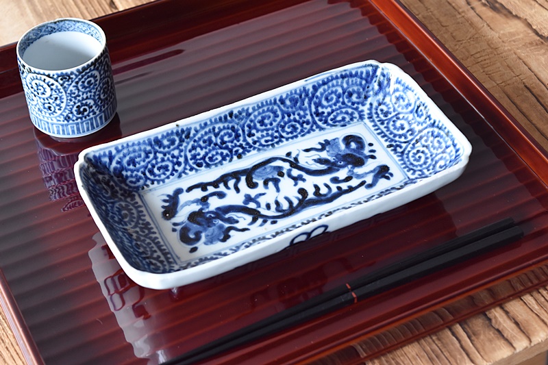 古伊万里 染付 蛸唐草 龍 富貴長春 長皿 - 生活骨董と古布の