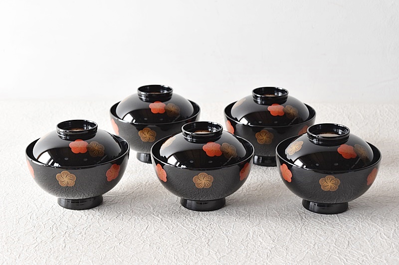 天然木製漆塗 輪島塗 梅蒔絵 吸物椀 5客セット 蒔絵師信斎 塗師静峰