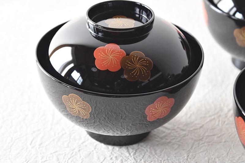 天然木製漆塗 輪島塗 梅蒔絵 吸物椀 5客セット 蒔絵師信斎 塗師静峰