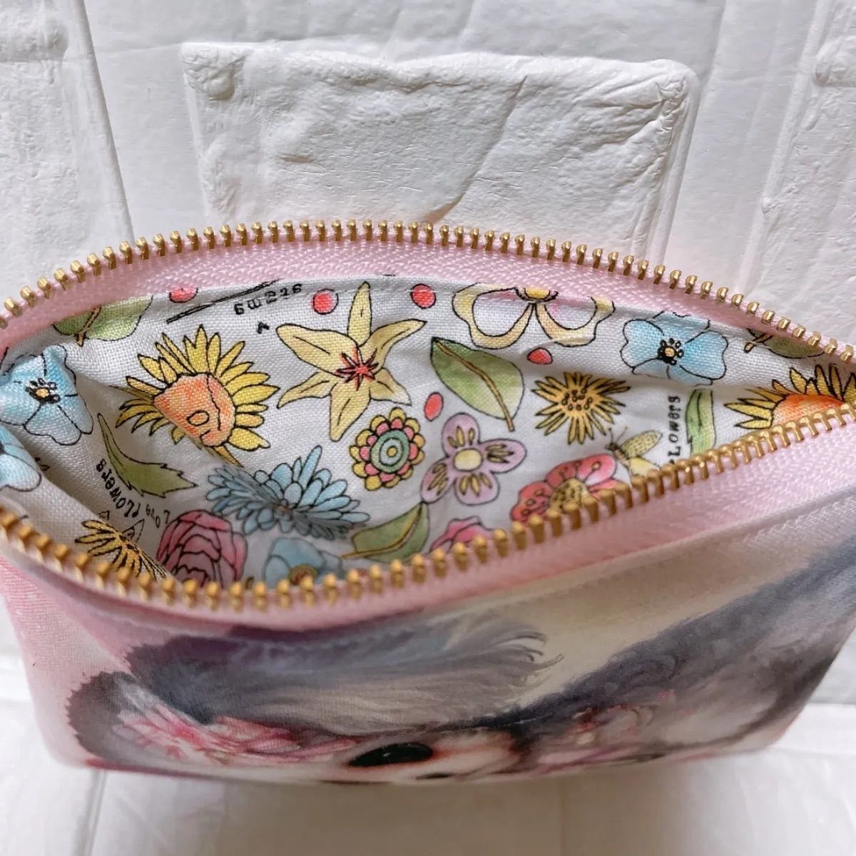 フラットポーチ ミニポーチ ハンドメイド 両面パネル生地 マルチーズ