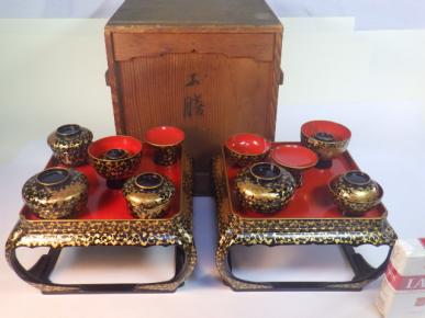 五】アンティーク 雛道具 木地漆蒔絵 箪笥 長持 鋏箱 計六点 箱付 三越