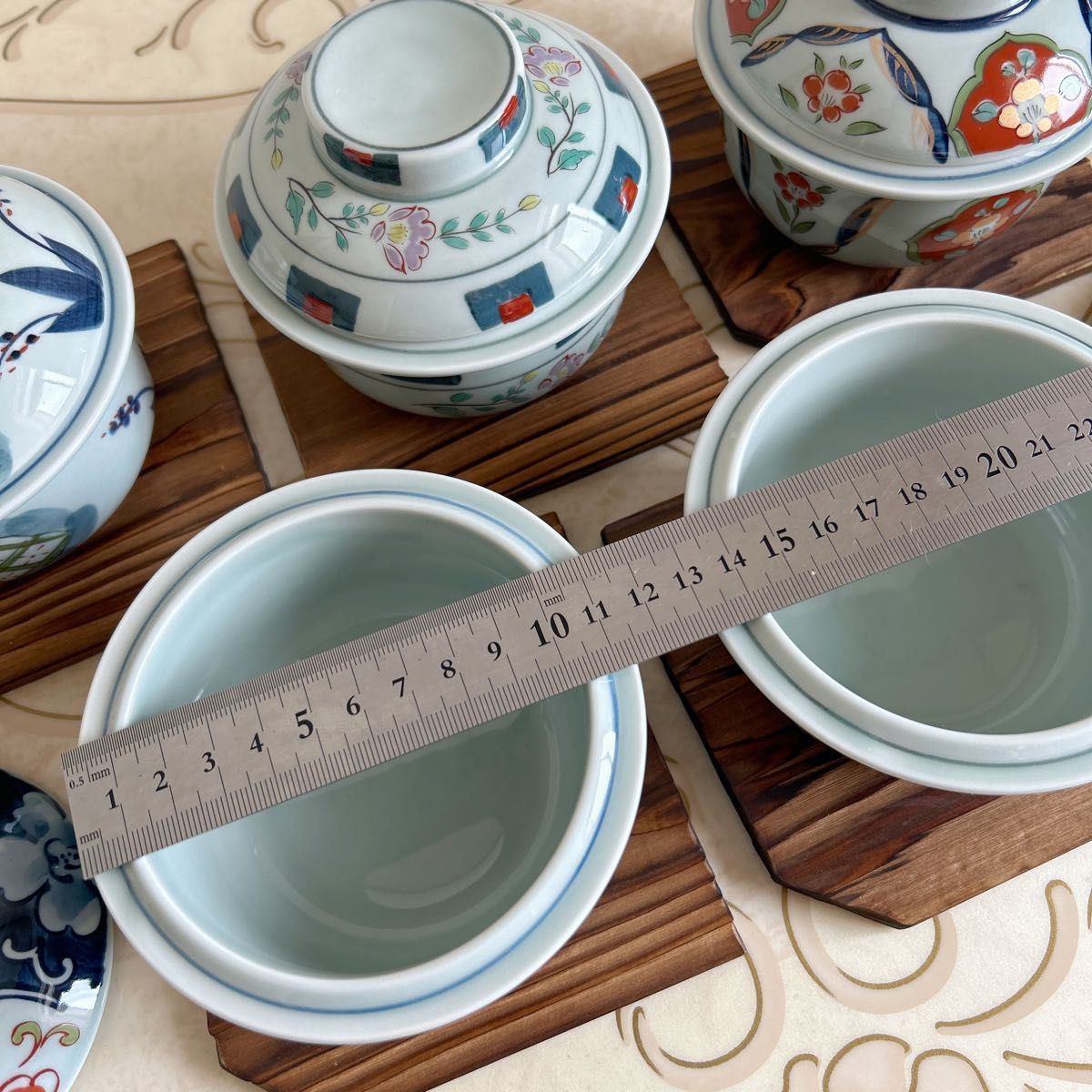 有田焼 清秀 絵変わり 蓋付き碗揃 5客 茶碗蒸し器 赤絵 染付 小丼 古
